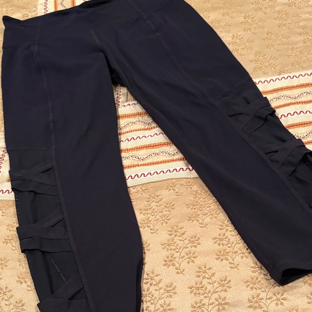 Athleta Black Leggings with Side Tie Detail, Netting, Nylon Blend, M